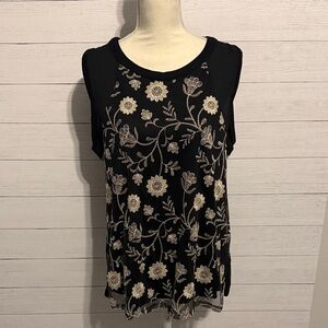 Maurices Black Tank Top with Cream Floral Embroidery